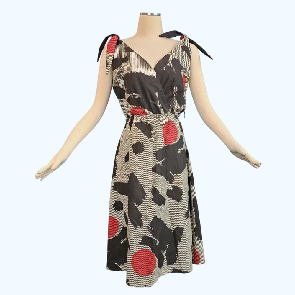Vintage 1970s Dress Black Tan Striped‎ Abstract Pattern Red Sleeveless Shoulder